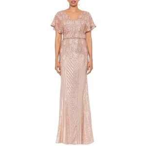 Sequined V-Neck Short Sleeve Gown in Light Pink/ Rose Gold